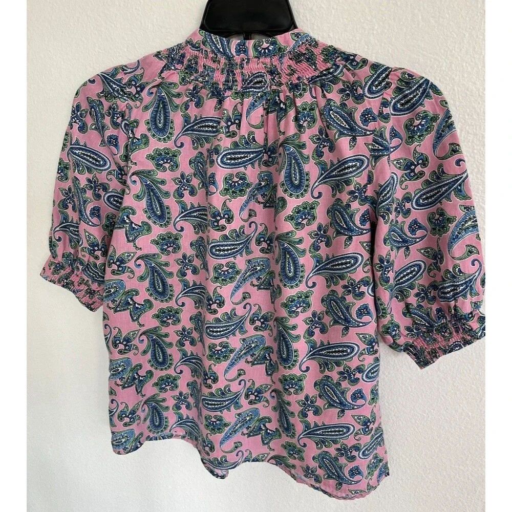 Boden Ada Linen Top Rose Damask Sz8 Pink Green Paisley Smocked Puff Sleeve Boho